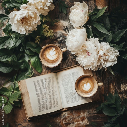 A table with two cups of cappuccino, an open book, and peonies on it. The photo was taken from above. There is also some greenery around the flowers