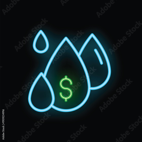 Neon sign illustrating the concept of financial investment with water drops and a dollar symbol