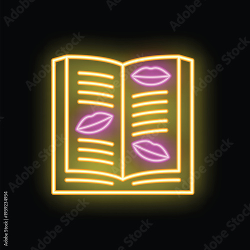 Neon book cover sign with lips, suggesting erotic content