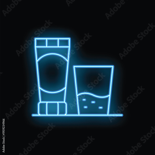 Glowing neon line mouthwash plastic bottle and glass icon isolated on black background liquid for cleaning teeth vector illustration