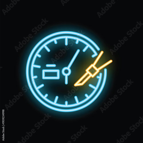 Neon glowing icon of clock and soldering iron representing concept of time to repair