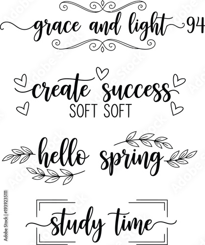 Four handwritten motivational posters with floral and heart decorations