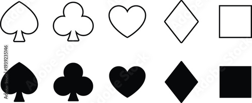 Playing card suit icon set with spade, club, heart, diamond, and square shapes. Outline and solid symbols isolated on white background for casino graphics, game design, UI icons, and card themed brand
