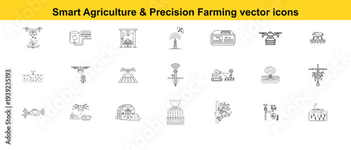 Digital illustrations representing modern smart agriculture and precision farming methods, featuring line art icons showcasing technological advancements.