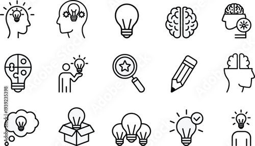 Creative business icons set featuring brain lightbulb and thinking concepts for innovation problem solving education success professional project development and imagination.
