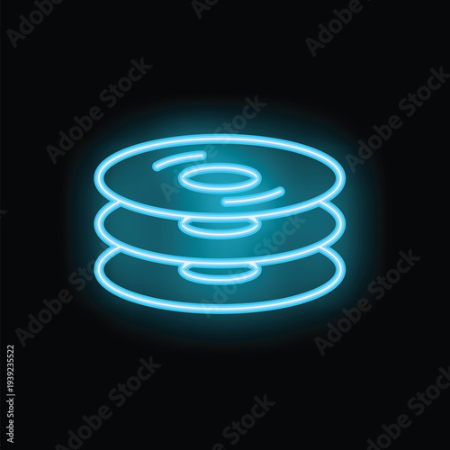 Bright blue neon icon of three compact discs glowing against a black background