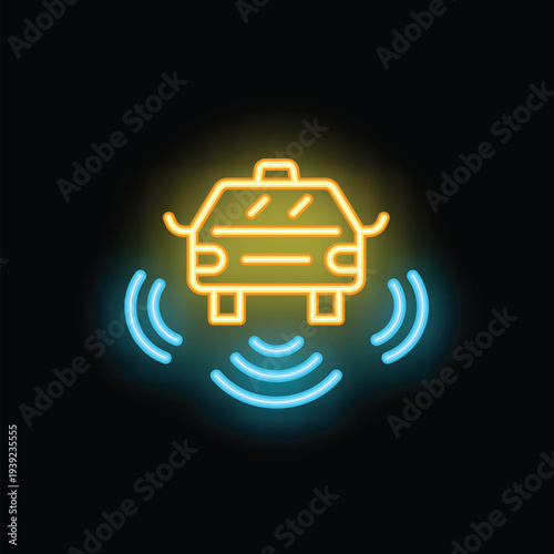 Neon sign depicting a driverless taxi using network connection for navigation