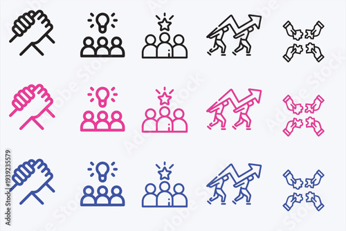 Business collaboration and team success icon set. Vector illustration of linear symbols representing mutual trust, brainstorming, leadership, group effort for growth, and teamwork in black, pink, 