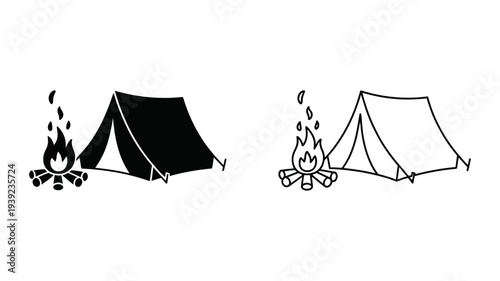 A camping scene with a tent and bonfire shown in two styles.