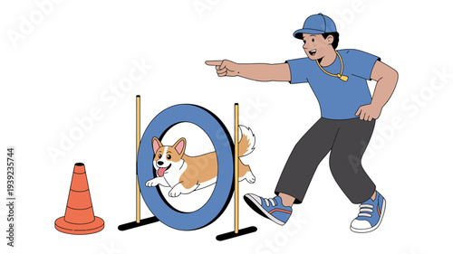 A man enthusiastically trains a Corgi in a dog agility course.