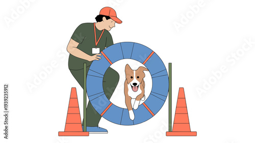 A person trains a corgi dog in agility course.