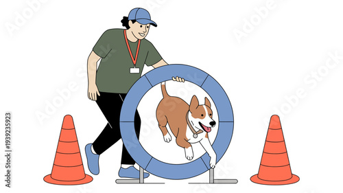 A dog trainer guides a dog through an agility hoop.