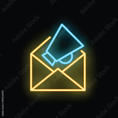 Neon icon of a megaphone emerging from an open envelope representing email marketing