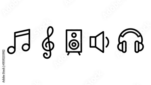 Five distinct outline icons representing various music elements.