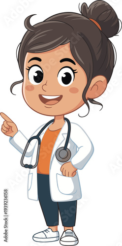 Cute cartoon female doctor wearing white lab coat and stethoscope pointing up providing health advice for professional medical healthcare presentations.