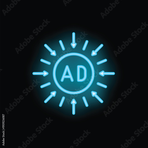 Blue neon icon of advertisement with arrows pointing at the center, representing a target audience