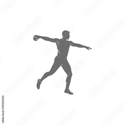 Minimalist Grey Discus Thrower Athlete Silhouette for Sports Identity on White Background Vector Logo Design.