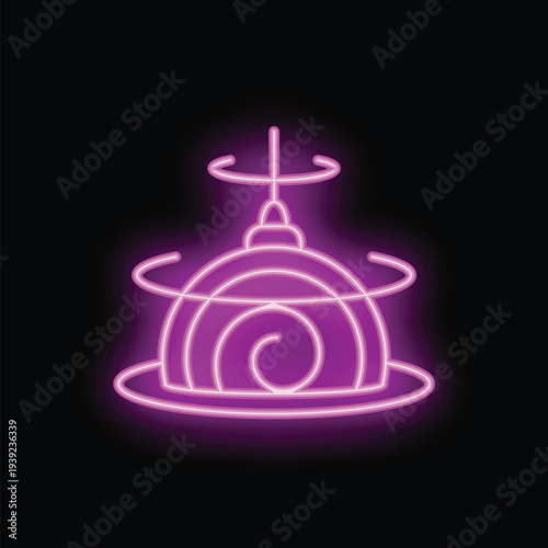 Neon sign representing drone delivering package with rotating propellers on black background