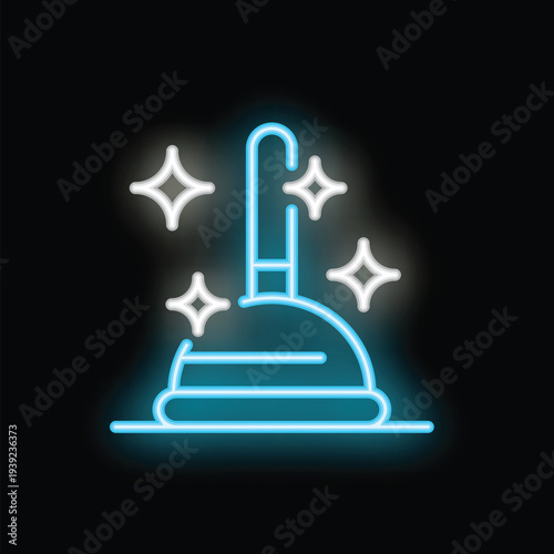 Glowing neon line rubber plunger with wooden handle for pipe cleaning icon isolated on black background. Vector