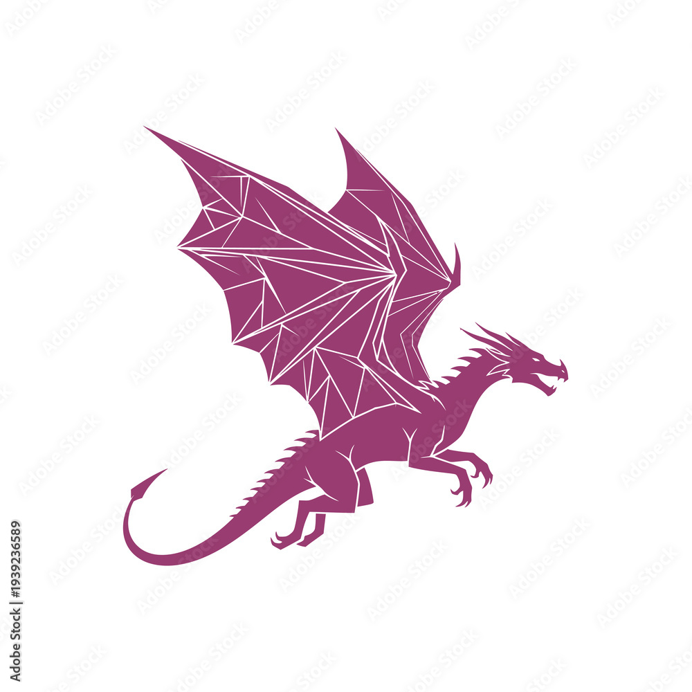 Fototapeta premium Minimalist Purple Geometric Dragon Icon for Fantasy Gaming Brand on White Background Vector Logo Design.