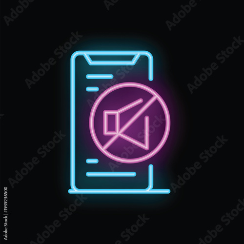 Neon icon of a smartphone showing the mute mode sign, representing silence and discretion