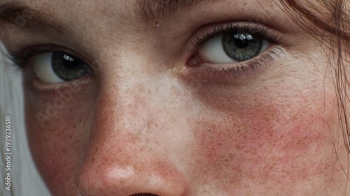 そばかすのある女性の顔のアップ。肌の質感や目元のディテールを強調した美容や健康関連の素材。