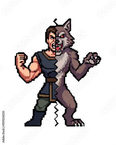 Pixel art illustration of a werewolf transformation in motion