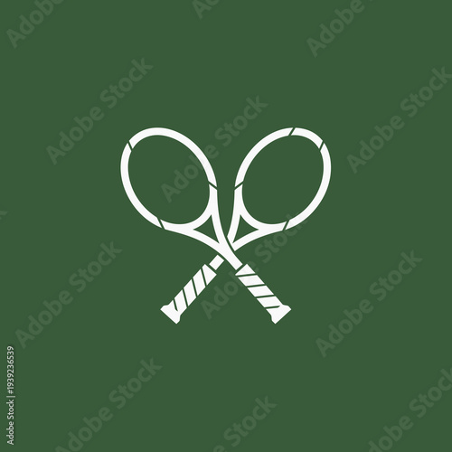 Minimalist White Crossed Tennis Rackets Icon for Sports Branding on Green Background Vector Logo Design.