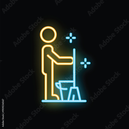 Neon sign of a professional cleaning service with a janitor mopping the floor