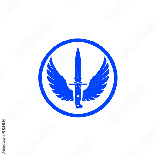 Minimalist Blue Winged Dagger Knife Insignia Military Force on White Background Vector Logo Design.