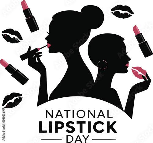 Silhouettes of women applying pink lipstick with lipstick tubes and lip prints black