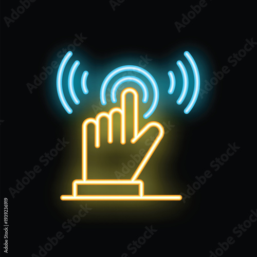 Neon sign depicting a hand pressing a touch screen button with feedback waves emanating from the point of contact