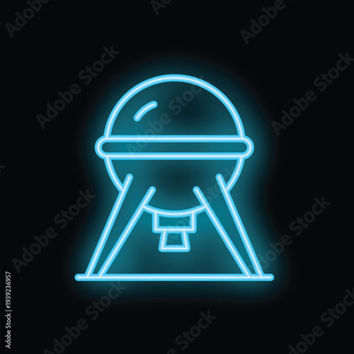 Blue neon sign of the sputnik satellite orbiting earth, a symbol of the beginning of the space race