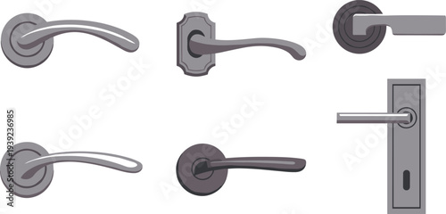 Door Handle and Lever Set Modern Metal Door Hardware Lock Handle Vector Illustration