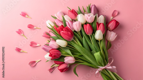 Bouquet of fresh tulips isolated on a pink background, spring floral gift concept for Women's Day or Mother's Day
