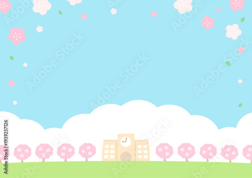 卒業や入学の背景、春の桜と学校のイラスト