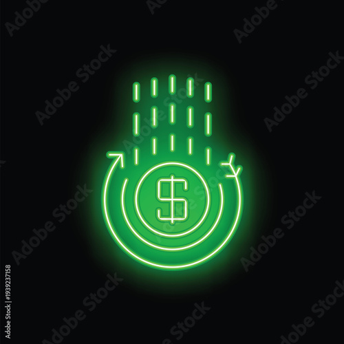 Bright green neon sign of a cashback reward program with a dollar coin, falling coins and an airplane icon