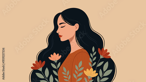 Serene woman with long black hair surrounded by vibrant flowers Vector Art