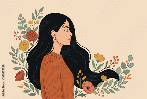 Serene woman with long black hair surrounded by vibrant flowers