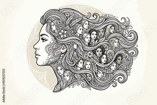 Stunning illustration of woman with multiple faces in flowing hair