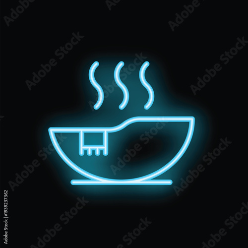 Blue neon sign icon of a bowl of hot soup with steam rising, isolated on a black background