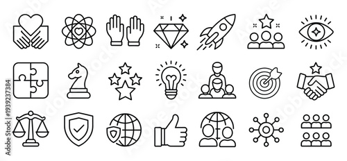 Essential business icons for company mission vision and core values set including strategy teamwork leadership growth innovation ethics and identity.