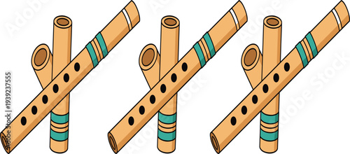 Traditional Wooden Flute Musical Instrument Bamboo Flute Folk Music Vector Illustration Set