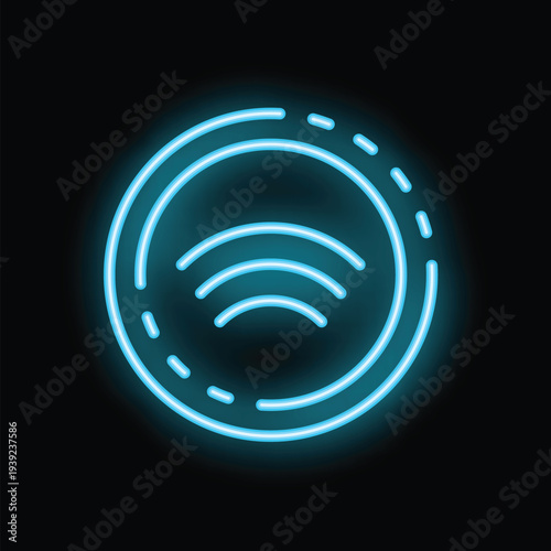 Blue neon icon of a wifi signal, representing wireless connection and internet access