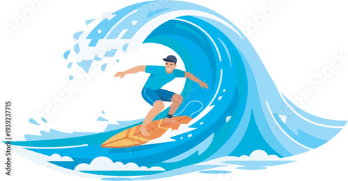 Flat vector illustration of a male surfer in blue apparel, expertly carving through a massive curling wave with white foam and geometric splashes. Ideal for summer sport branding.