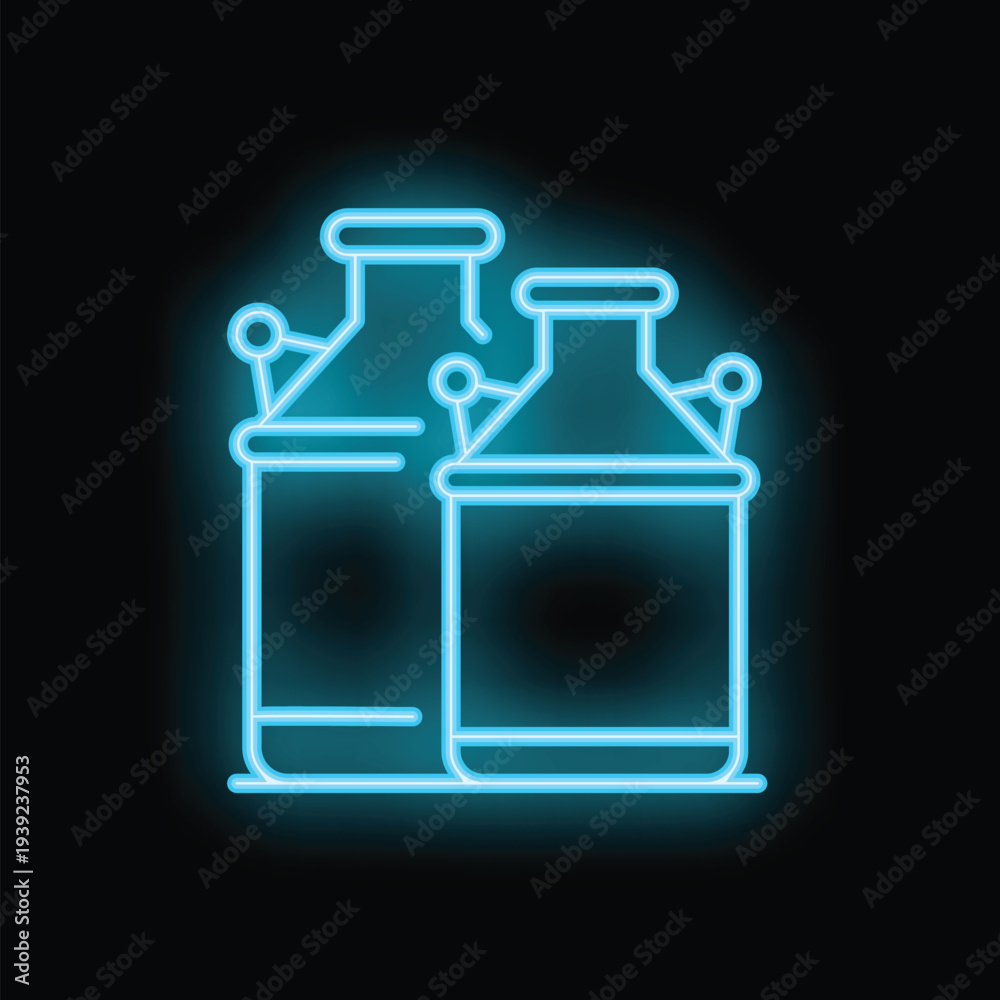 Obraz premium Two neon blue milk cans are glowing on a black background