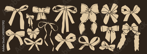 Big set of various Bow knots, tie ups, gift bows, ribbons. Hand drawn Vector illustration. Isolated beige design elements. Wedding celebration, holiday, party decoration, gift, present concept
