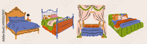Set of cozy sleeping Beds. Various types. Wooden, iron frames, soft bed, canopy bed. Different shapes, colorful linen, pillows, bed curtains. Hand drawn Vector illustration. Isolated design elements