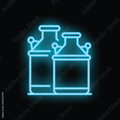 Two neon blue milk cans are glowing on a black background