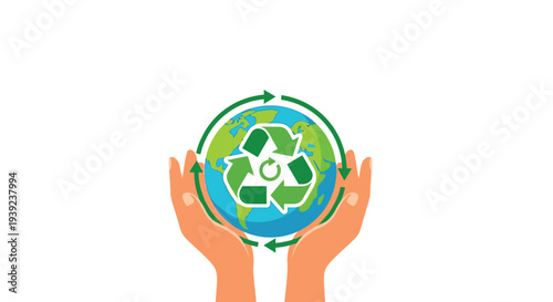 Hands cradling earth with recycling symbol representing environmental protection